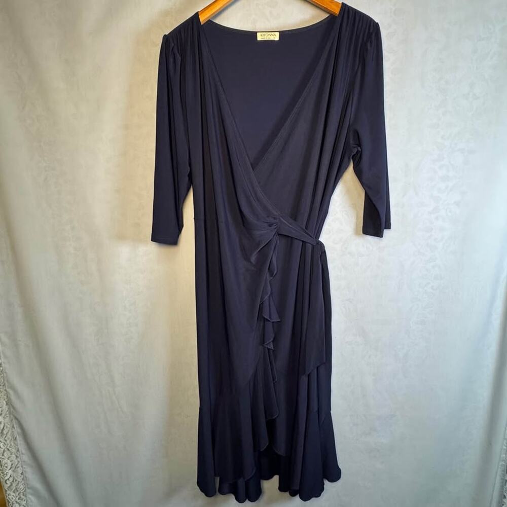 Kiyonna 1X Navy Blue Faux Wrap Ruffle Dress